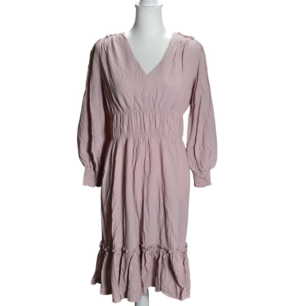 Calvin Klein Dress Pink Smocked Waist Tiered Ruffle Hem V-Neck Long Sleeve